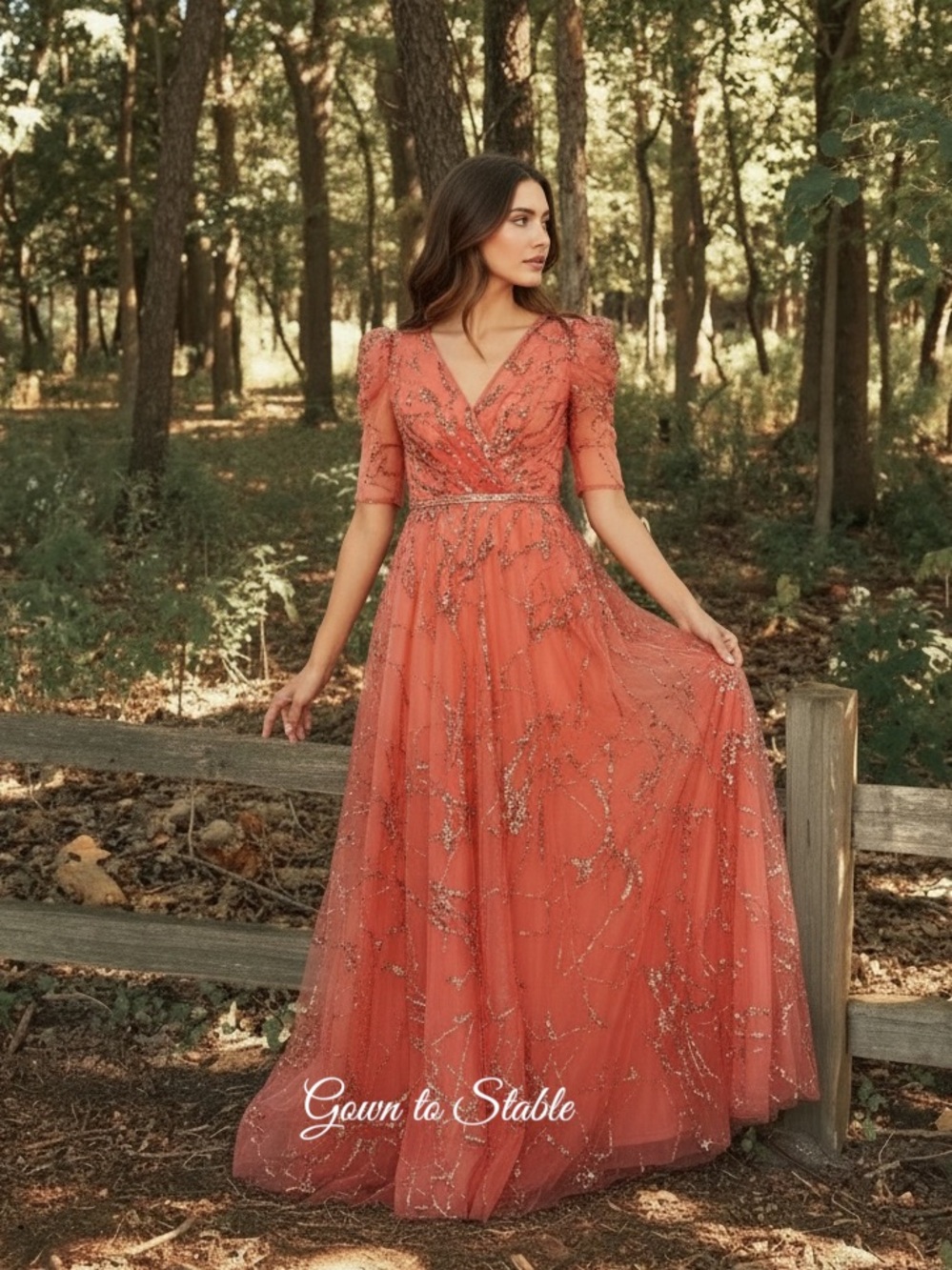 Mac Duggal 20428 Embellished Gathered Puff Sleeve Faux Wrap Gown
